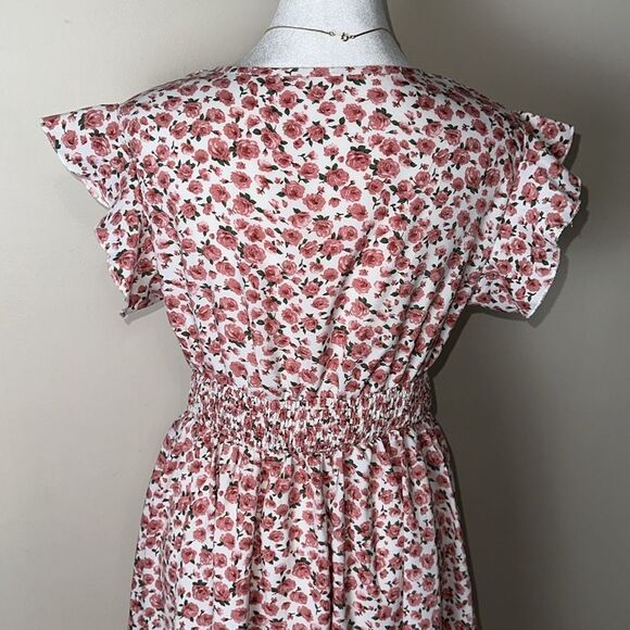 SHEIN M White Pink Rose Floral Faux Wrap Flutter Sleeve A-Line Dress - Picture 10 of 14